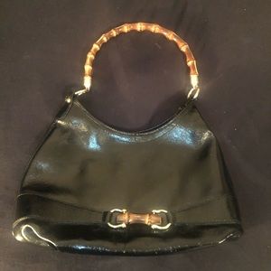 Black patent shoulder or carry purse with bamboo handle